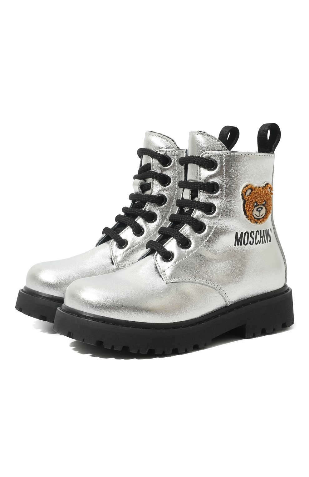 Кожаные ботинки MOSCHINO серебряного цвета по цене 31550 руб., арт. 71868 VAR.2/18-27, фото 1 Кожаные ботинки MOSCHINO, арт. 71868 VAR.2/18-27, фото 1