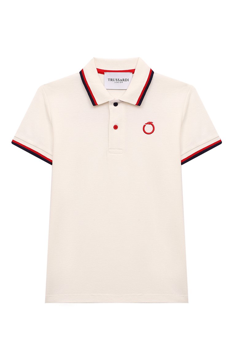 Детское хлопковое поло TRUSSARDI JUNIOR молочного цвета, арт. TBP24005PO | Фото 1 (Рукава: Короткие; Материал сплава: Проставлено; Материал внешний: Хлопок; Драгоценные камни: Проставлено; Ростовка одежда: 8 лет | 128 см, 12 лет | 152 см, 16 лет | 164 см, 10 - 11 лет | 140 - 146см, 13 - 15 лет | 158 см)