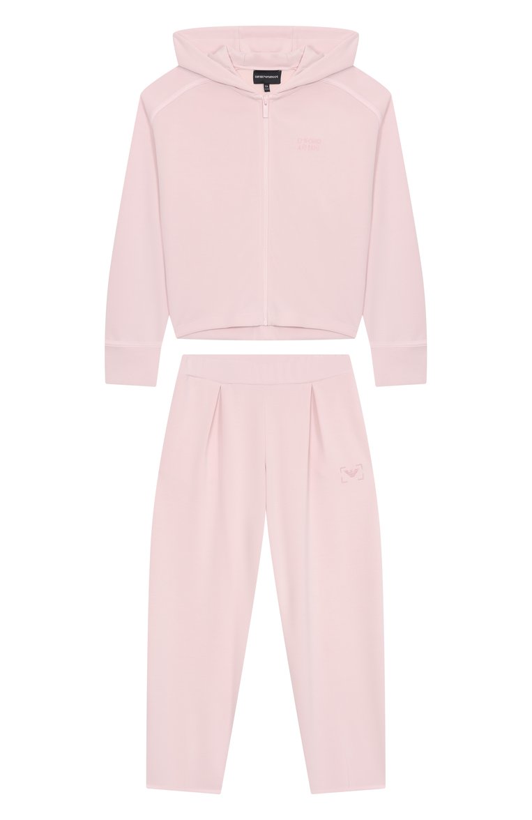 Детская комплект из толстовки и брюк EMPORIO ARMANI светло-розового цвета, арт. EG000207/AF13571 | Фото 1 (Материал внешний: Синтетический материал; Рукав�а: Длинные; Девочки Кросс-КТ: Костюмы-спорт; Автоматизация состава: Проставлено; Автоматизация ТО: Проставлено; Ростовка одежда: 4 года | 104 см, 6 лет | 116 см, 8 лет | 128 см, 10 - 11 лет | 140 - 146см, 13 - 15 лет | 158 см, 16 лет | 164 см)