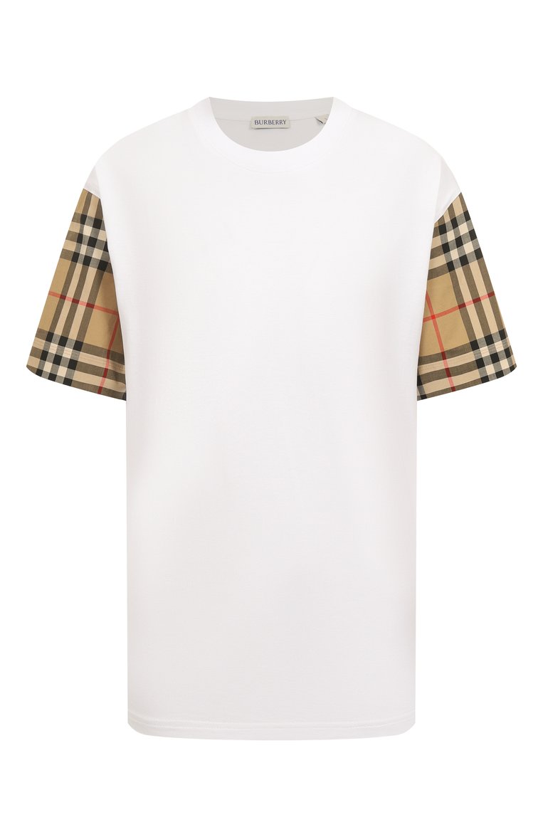 Женская хлопковая футболка BURBERRY белого цвета, арт. 8073029 | Фото 1 (Материал внешний: Хлопок; Рукава: Короткие; Длина (для топов): Стандартные; Принт: С принтом, Без принта; Стили: Кэжуэл; Автоматизация ТО: Проставлено; Автоматизация состава: Проставлено)