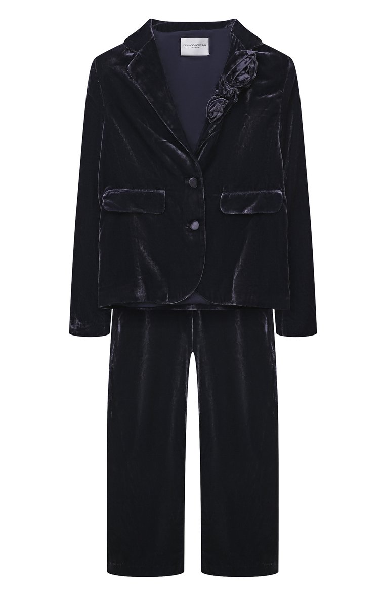 Детский костюм из вискозы ERMANNO SCERVINO темно-синего цвета, арт. SFCD001C/VE137/10A-16A | Фото 1 (Материал сплава: Проставлено; Рукава: Длинные; Материал подклада: Вискоза; Материал внешний: Вискоза; Драгоценные камни: Проставлено)