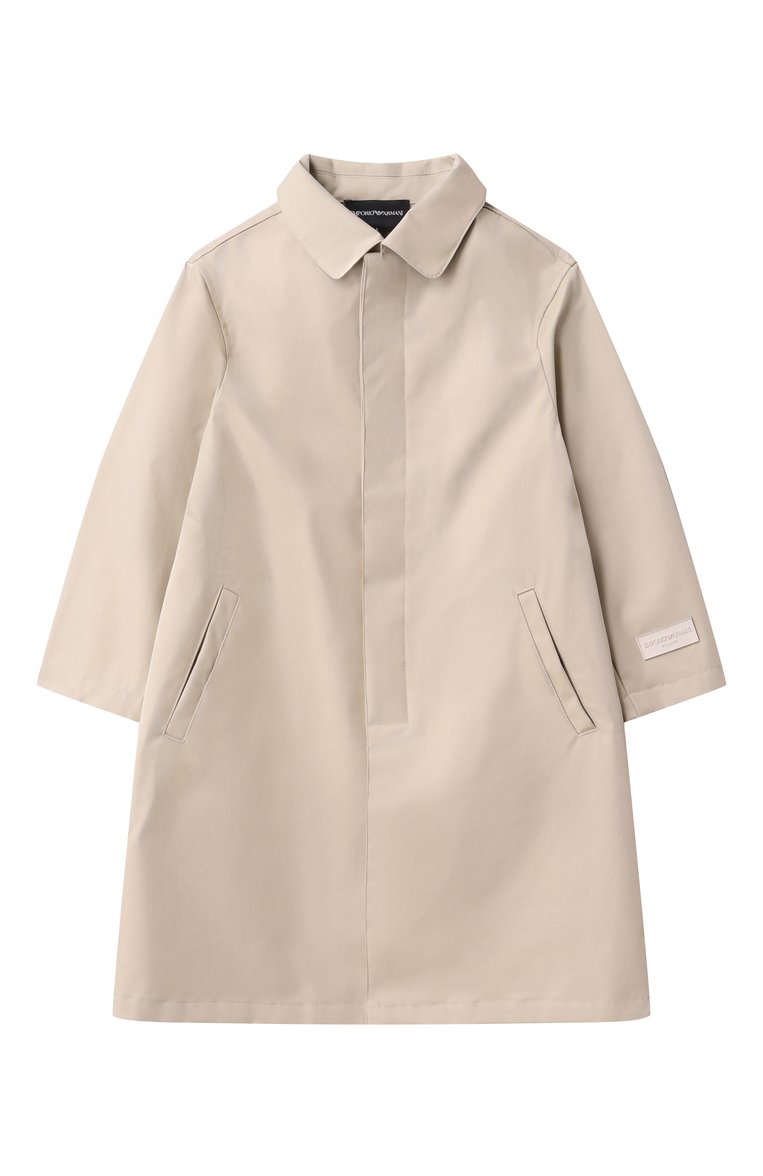 Детский хлопковый плащ EMPORIO ARMANI бежевого цвета, арт. EB000206/AF13374 | Фото 1 (Рукава: Длинные; Мальчики-школьная форма: Верхняя одежда; Кросс-КТ: Демисезон; Материал внешний: Хлопок; Ростовка одежда: 4 года | 104 см, 5 лет | 110 см, 6 лет | 116 см, 7 лет | 122 см, 8 лет | 128 см, 16 лет | 164 см, 10 - 11 лет | 140 - 146см, 13 - 15 лет | 158 см)