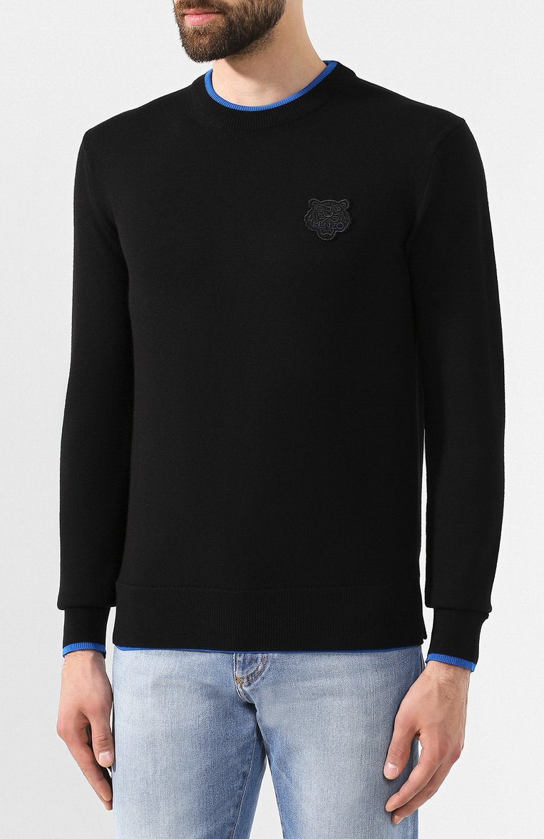 Мужской шерстяной джемпер KENZO черного цвета, арт. F965PU2023AB | Фото 3 (Мужское Кросс-КТ: Джемперы; Материал внешний: Шерсть; Рукава: Длинные; Рукава от горловины: Длинные; Длина (для топов): Стандартные; Статус проверки: Проверено, Проверена категория; Принт: Без принта; Вырез: Круглый; Стили: Кэжуэл)