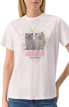 Женская хлопковая футболка GANNI бе�лого цвета, арт. T4060 | Фото 5 (Длина (для топов): Стандартные; Рукава: Короткие; Материал внешний: Хлопок; Стили: Кэжуэл; Принт: С принтом; Женское Кросс-КТ: Футболка-одежда)