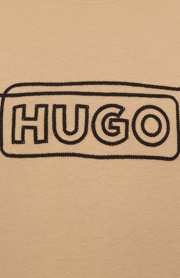 Мужская хлопковая футболка HUGO BLUE бежевого цвета, арт. 50530341 | Фото 6 (Рукава: Короткие; Длина (для топов): Удлиненные; Материал внешний: Хлопок; Принт: Без принта; Стили: Кэжуэл; Мужское Кросс-КТ: Футболка-одежда; Кросс-КТ: Джерси; Детали: Декор; Автоматизация состава: Проставлено; Автоматизация ТО: Проставлено)
