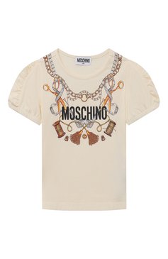 Детская хлопковая футболка MOSCHINO кремвого цвета, арт. HDM056/LBA11/10A-14A | Фото 1 (Девочки Кросс-КТ: футболка-одежда; Рукава: Короткие; Материал сплава: Проставлено; Материал внешний: Хлопок; Драгоценные камни: Проставлено)