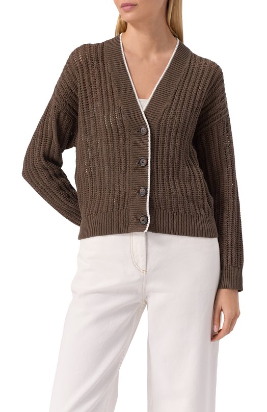 Хлопковый кардиган Brunello Cucinelli MSB582016 Коричневый  MSB582016 Фото 3