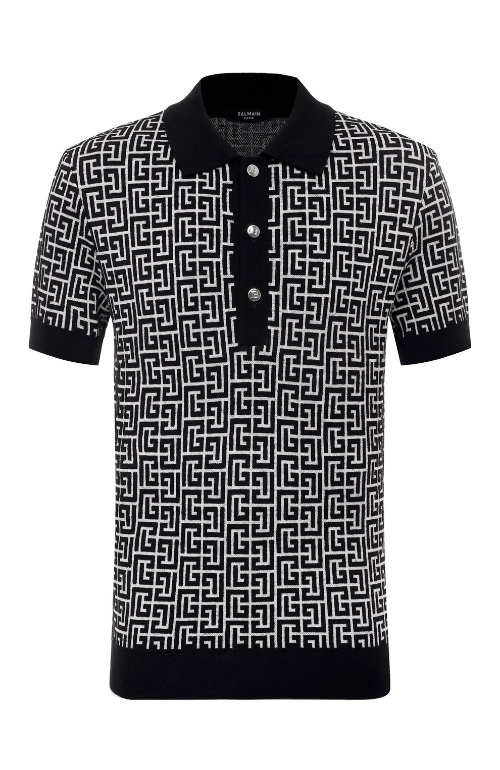 Поло из шерсти и льна BALMAIN черно-белого цвета по цене 87650 руб., арт. CH1GB020/KB03, фото 1 Поло из шерсти и льна BALMAIN, арт. CH1GB020/KB03, фото 1