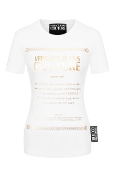 Женская хлопковая футболка VERSACE JEANS COUTURE белого цвета, арт. B2HVA7T1-VDP608 48 F0IL/30320 | Фото 1 (Рукава: Короткие; Материал внешний: Хлопок; Длина (для топов): Стандартные; Стили: Кэжуэл, Гламурный; Женское Кросс-КТ: Футболка-одежда; Принт: С принтом; Материал сплава: Проставлено; Драгоценные камни: Проставлено)