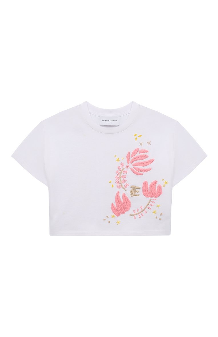 Детская укороченная футболка ERMANNO SCERVINO белого цвета, арт. SFTS019C/JF075 | Фото 1 (Драгоценные камни: Проставлено; Материал внешний: Хлопок; Рукав�а: Короткие; Материал сплава: Проставлено; Девочки Кросс-КТ: футболка-одежда; Ростовка одежда: 10 - 11 лет | 140 - 146см, 12 лет | 152 см, 13 - 15 лет | 158 см, 4 года | 104 см, 6 лет | 116 см, 8 лет | 128 см)