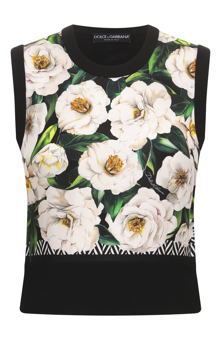 Женский шелковый топ DOLCE & GABBANA черного цвет�а, арт. FXT43T/JBSK9 | Фото 1 (Длина (для топов): Стандартные; Материал внешний: Шелк; Рукава: Без рукавов; Стили: Романтичный; Автоматизация состава: Проставлено; Автоматизация ТО: Проставлено; Размерность: Идёт в размер)