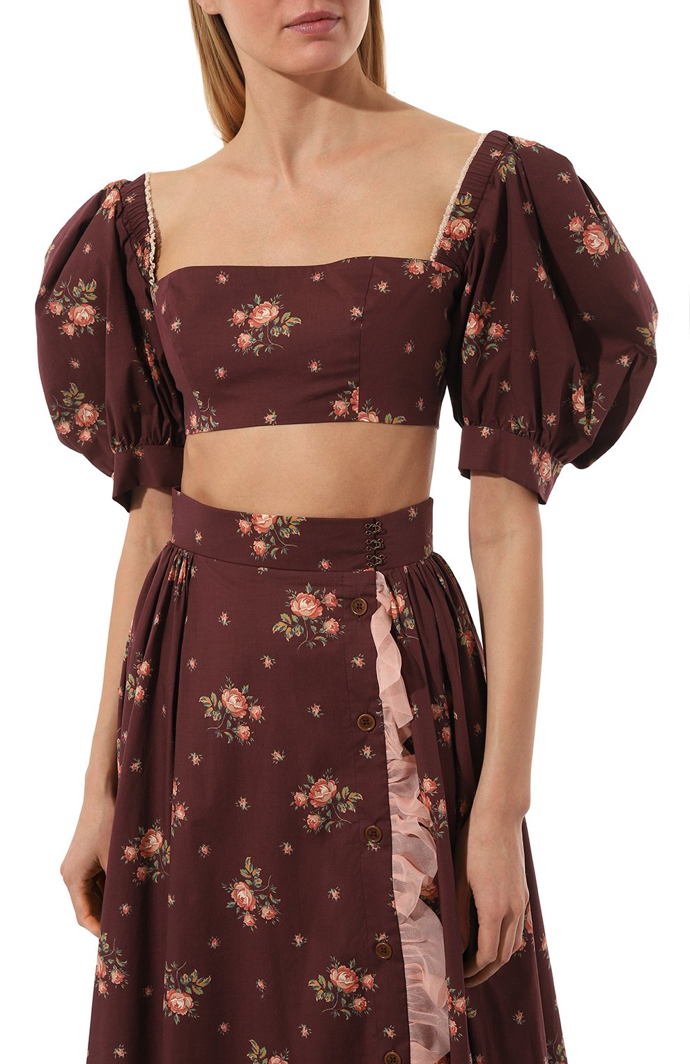 Хлопковый топ ULYANA SERGEENKO бордового цвета по цене 75000 руб., арт. CMA002SS21Resort 0122т21, фото 3 Хлопковый топ ULYANA SERGEENKO, арт. CMA002SS21Resort 0122т21, фото 3