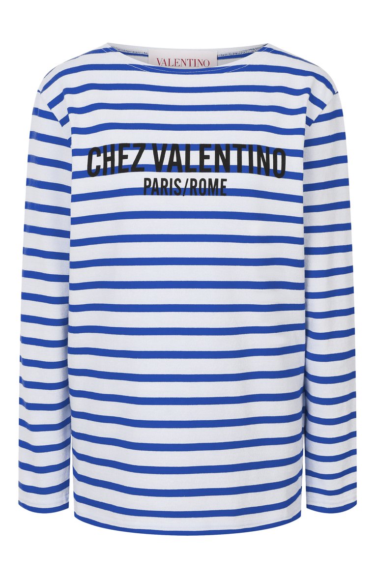 Женская хлопковый лонгслив VALENTINO голубого цвета, арт. 6B3MG24C/962 | Фото 1 (Длина (для топов): Стандартные; Рукава: Длинные; Автоматизация ТО: Проставлено; Автоматизация состава: Проставлено; Материал внешний: Хлопок; Принт: С принтом; Стили: Кэжуэл)