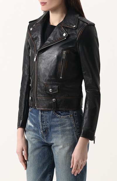 Однотонная кожаная куртка с косой молнией SAINT LAURENT, арт. 481862/Y5RD2, фото 3