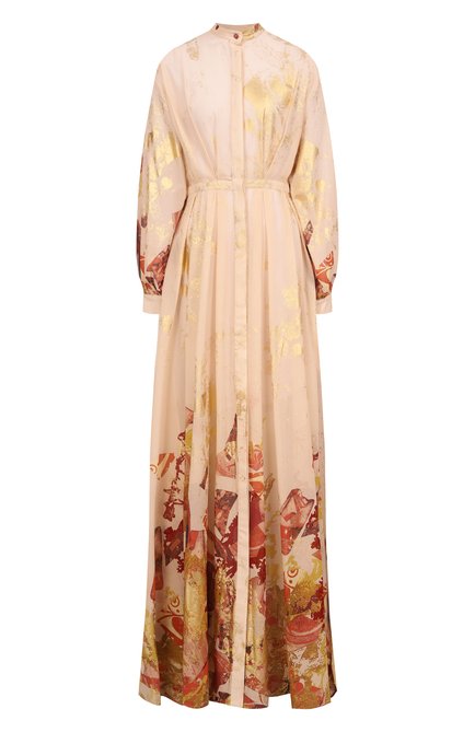 Женское хлопковое платье ZUHAIR MURAD бежевого цвета, арт. RDR25361/PAC0001 | Фото 1 (Рукава: Длинные; Материал внешний: Хлопок; Драгоценные камни: Проставлено; Материал сплава: Проставлено; Длина Ж (юбки, платья, шорты): Макси)