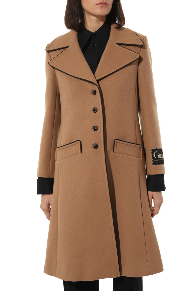 Женское шерстяное пальто GUCCI коричневого цвета, арт. 652015 ZAAL6 | Фото 3 (Рукава: Длинные; Материал внешний: Шерсть; Длина (верхняя одежда): До колена; 1-2-бортные: Однобортные; Стили: Кэжуэл)