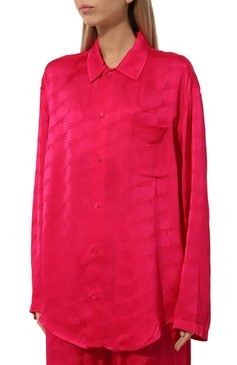 Женская рубашка из вискозы BALENCIAGA фуксия цвета, арт. 681631/TM068 | Фото 3 (Драгоценные камни: Проставлено; Материал внешний: Вискоза; Материал сплава: Проставлено; Рукава: Длинные; Длина (для топов): Удлиненные; Принт: С принтом; Кросс-КТ: костюм; Женское Кросс-КТ: Рубашка-одежда; Стили: Кэжуэл)