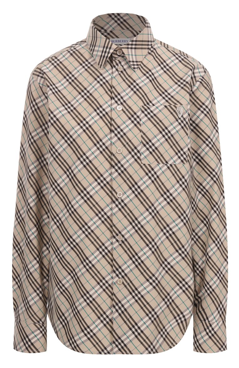 Женская хлопковая рубашка BURBERRY бежевого цвета, арт. 8101133 | Фото 1 (Длина (для топов): Стандартные; Материал внешний: Хлопок; Рукава: Длинные; Стили: Кэжуэл; Принт: Клетка, С принтом; Женское Кросс-КТ: Рубашка-одежда; Автоматизация состава: Проставлено; Автоматизация ТО: Проставлено; Детали: Декор)
