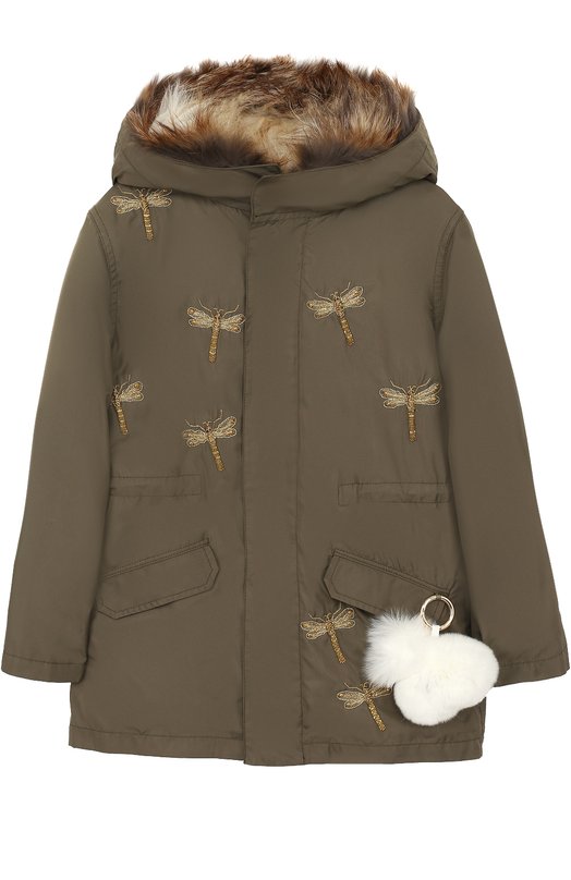 

Текстильная парка с вышивкой бисером и брелоком Yves Salomon Enfant, Хаки