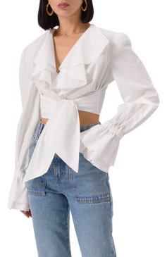 Женская хлопковая блузка BALMAIN белого цвета, арт. EF1HU296/CB02 | Фото 3 (Рукава: Длинные; Драгоценные камни: Проставлено; Длина (для топов): Укороченные; Материал сплава: Проставлено; Женское Кросс-КТ: Блуза-�одежда; Стили: Кэжуэл; Принт: Без принта; Материал внешний: Хлопок)