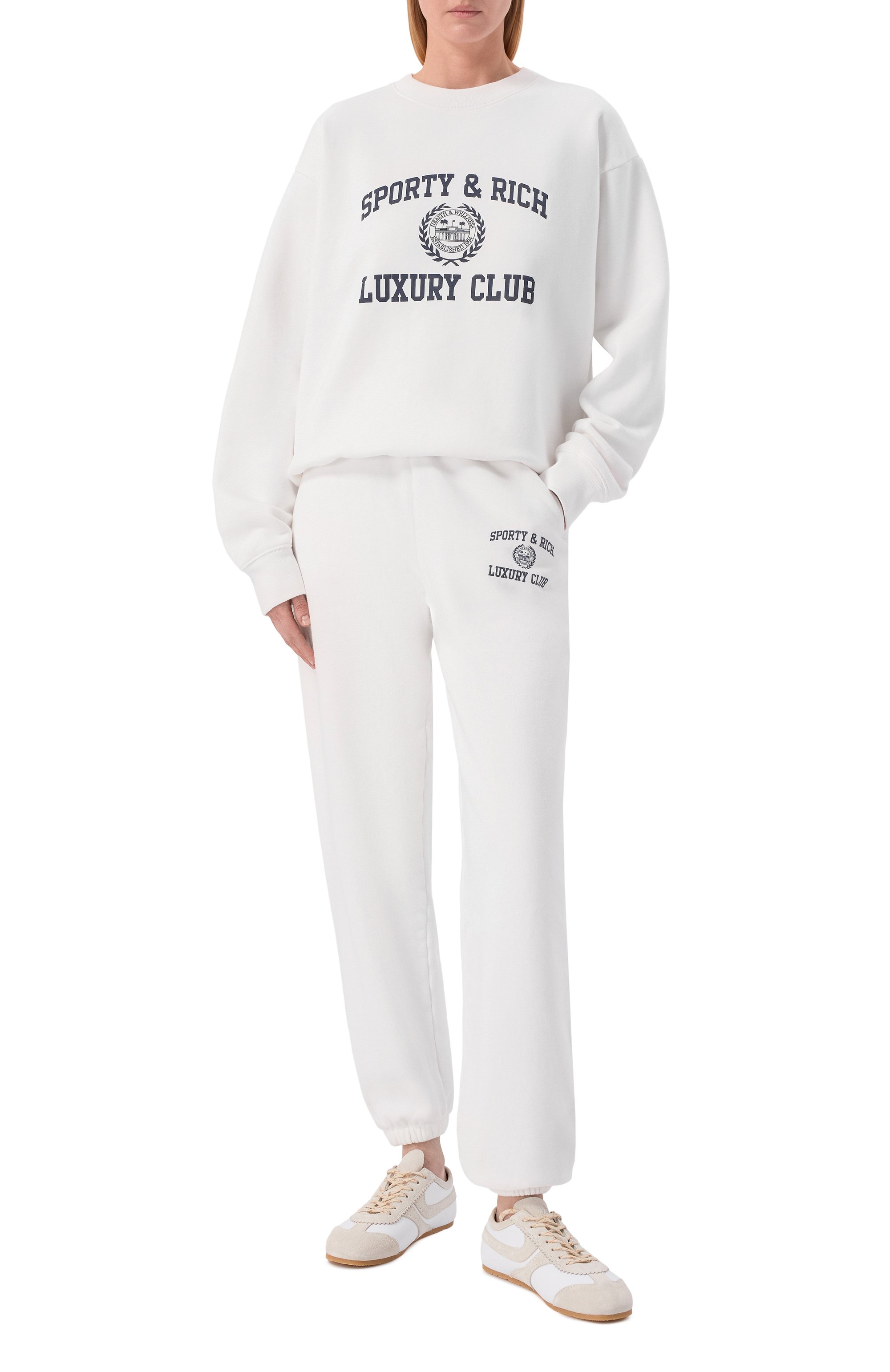 Хлопковые джоггеры luxury club SPORTY AND RICH белого цвета по цене 35050 руб., арт. PA0717842WH01/S&R LUXURY CLUB SWEATPANTS, фото 2 Хлопковые джоггеры luxury club SPORTY AND RICH, арт. PA0717842WH01/S&R LUXURY CLUB SWEATPANTS, фото 2
