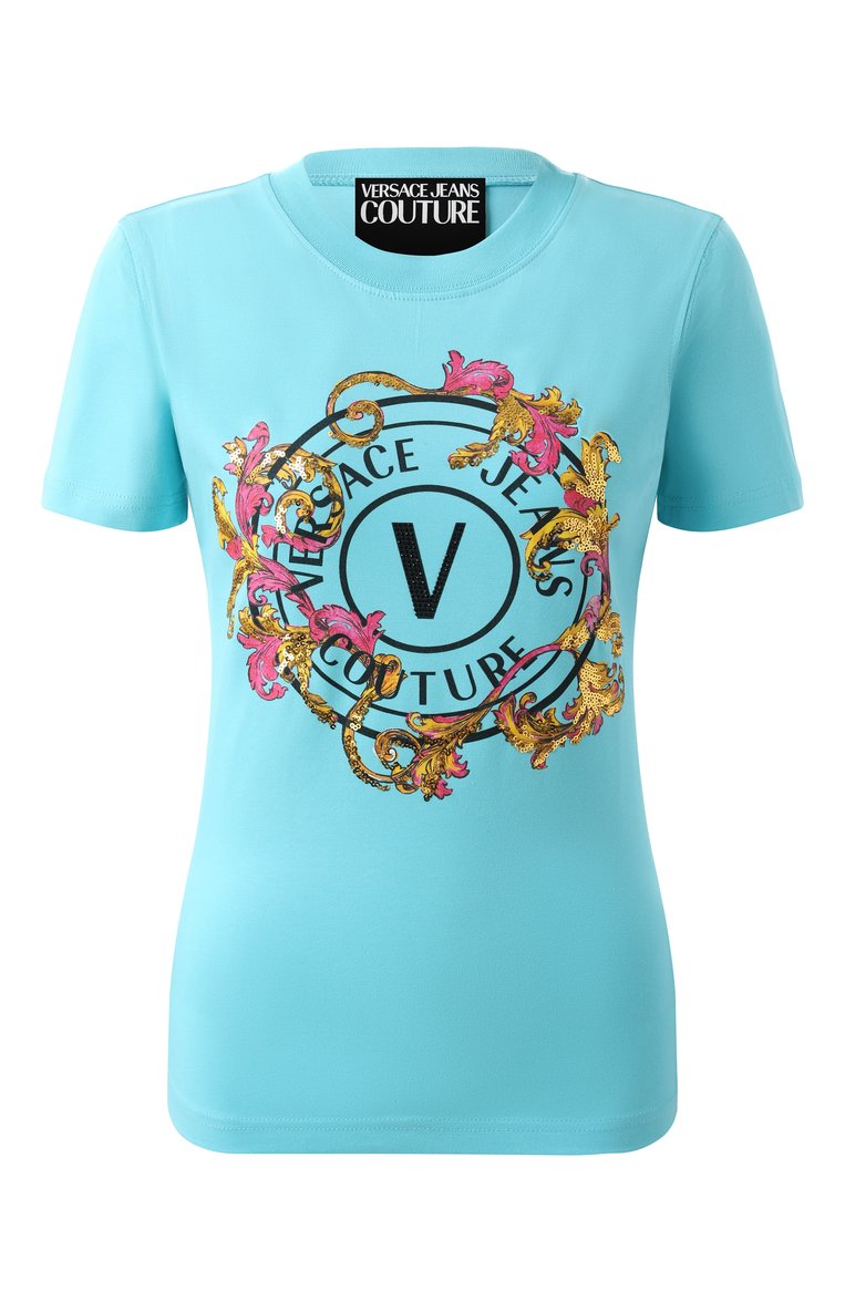Женская хлопковая футболка VERSACE JEANS COUTURE бирюзового цвета, арт. 78HAHC01/CJ02C | Фото 1 (Длина (для т�опов): Стандартные; Рукава: Короткие; Материал внешний: Хлопок; Стили: Кэжуэл; Женское Кросс-КТ: Футболка-одежда; Принт: С принтом)