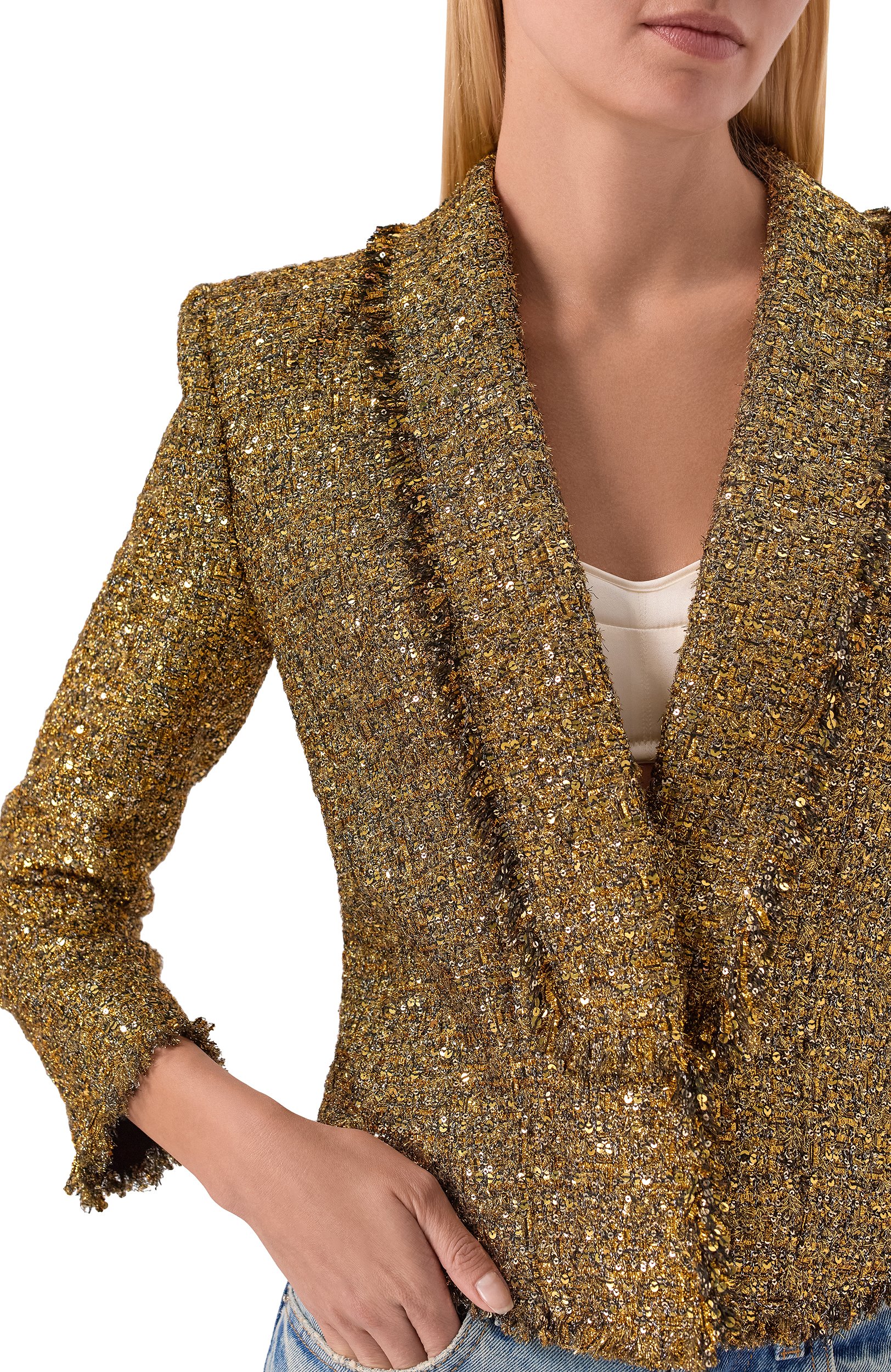 Твидовый жакет BALMAIN золотого цвета по цене 514500 руб., арт. HF1SC308/XM19, фото 5 Твидовый жакет BALMAIN, арт. HF1SC308/XM19, фото 5