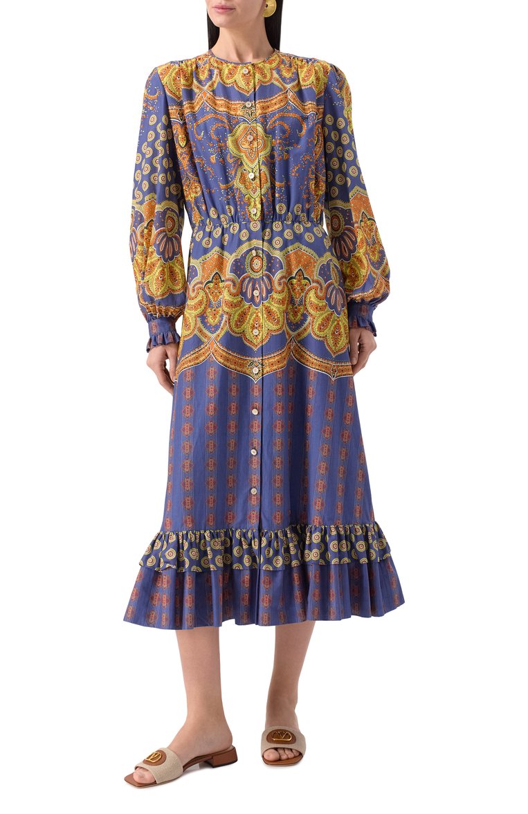 Женское хлопковое платье VALENTINO синего цвета, арт. 6B3VAF0297D | Фото 3 (Длина Ж (юбки, платья, шорты): Миди; Рукава: Длинные; Материал внешний: Хлопок; Стили: Этно; Женское Кросс-КТ: Платье-одежда; Случай: Повседневный; Автоматизация состава: Проставлено; Автоматизация ТО: Проставлено)