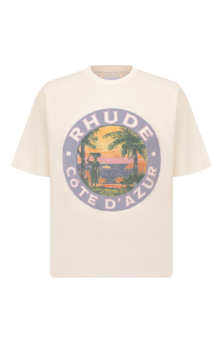 Мужская хлопковая футболка RHUDE кремового цвета, арт. RHPS24TT01012611 | Фото 1 (Рукава: Короткие; Материал сплава: Проставлено; Драгоценные камни: Проставлено; Материал внешний: Хлопок; Длина (для топов): Стандартные; Принт: С принтом; Стили: Спорт-шик; Мужское Кросс-КТ: Футболка-одежда; Кросс-КТ: Джерси)