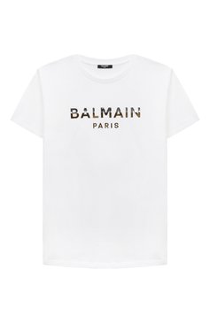 Детская хлопковая футболка BALMAIN белого цвета, арт. BU8R01 | Фото 1 (Девочки Кросс-КТ: футболка-одежда; Рукава: Короткие; Материал сплава: Проставлено; Материал внешний: Хлопок; Драгоценные камни: Проставлено; Ростовка одежда: 6 лет | 116 см, 8 лет | 128 см, 10 - 11 лет | 140 - 146см, 12 л�ет | 152 см, 16 лет | 164 см, 13 - 15 лет | 158 см)