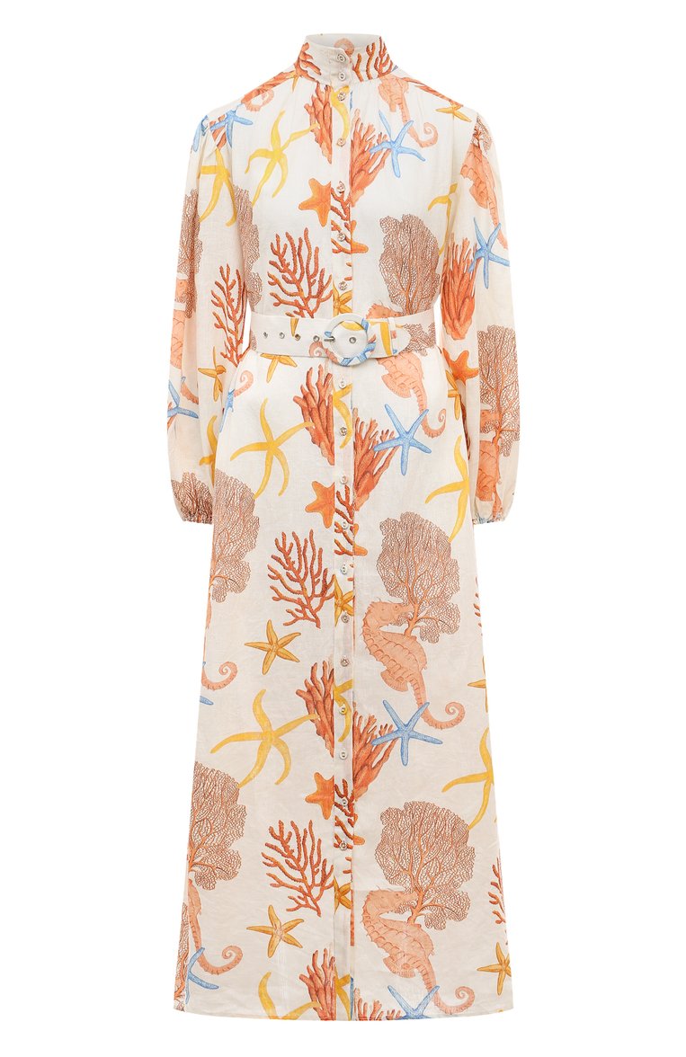 Женское льняное платье PALM NOOSA разноцветного цвета, арт. N0DDY DRESS | Фото 1 (Материал сплава: Проставлено; Рукава: Длинные; Материал внешний: Лен; Драгоценные камни: Проставлено; Длина Ж (юбки, платья, шорты): Миди; Женское Кросс-КТ: Платье-пляжная одежда; Стили: Романтичный)