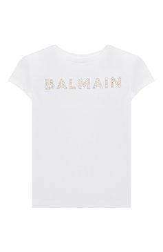 Детская хлопковая футболка BALMAIN белого цвета, арт. BT8A21 | Фото 1 (Девочки Кросс-КТ: футболка-одежда; Рукава: Короткие; Материал сплава: Проставлено; Материал внешний: Хлопок; Драгоценные камни: Проставлено; Ростовка одежда: 10 - 11 лет | 140 - 146см, 12 лет | 152 см, 13 - 15 лет | 158 см, 6 лет | 116 см, 8 лет | 128 см)