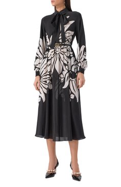 Женское шелковое платье ELIE SAAB черного цвета, арт. D0504 | Фото 3 (Длина Ж (юбки, платья, шорты): Миди; Материал внешний: Шелк; Рукава: Длинные; Женское Кросс-КТ: Платье-одежда; Случай: Повседневный; Стили: Романтичный)