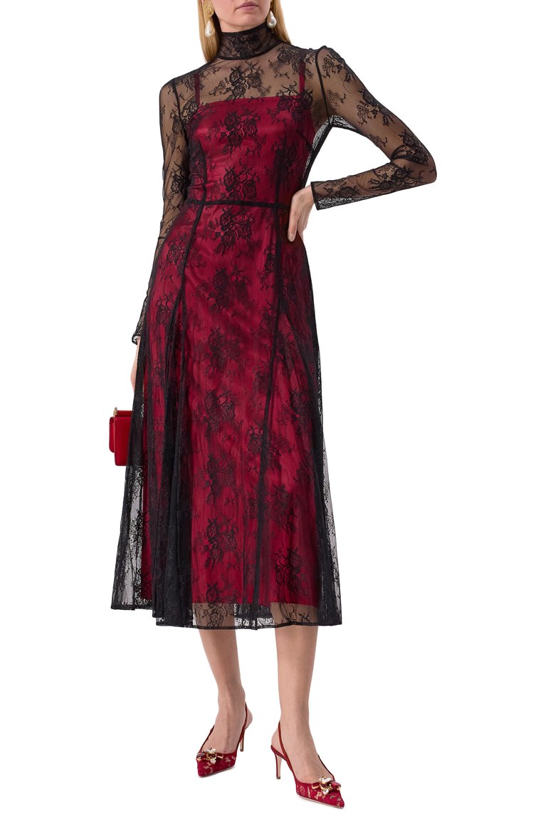 Женское платье DOLCE & GABBANA разноцветного цвета, арт. F6J0RT/FLREW | Фото 2 (Рукава: Длинные; Длина Ж (юбки, платья, шорты): Миди; Женское Кросс-КТ: Платье-одежда; Стили: Романтичный; Случай: Коктейльный; Материал внешний: Синтетический материал; Автоматизация состава: Проставлено; Автоматизация ТО: Проставлено; Размерность: Идёт в размер; Re-sync: On)