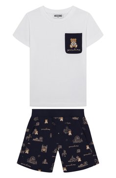 Детского комплект из футболки и шорт MOSCHINO темно-синего цвета, арт. HUG00P/LCB60/4-8 | Фото 1 (Рукава: Короткие; Материал внешний: Хлопок; Мальчики Кросс-КТ: Костюмы-спорт; Автоматизация состава: Проставлено; Автоматизация ТО: Проставлено; Ростовка одежда: 4 года | 104 см, 5 лет | 110 см, 6 лет | 116 см, 8 лет | 128 см)