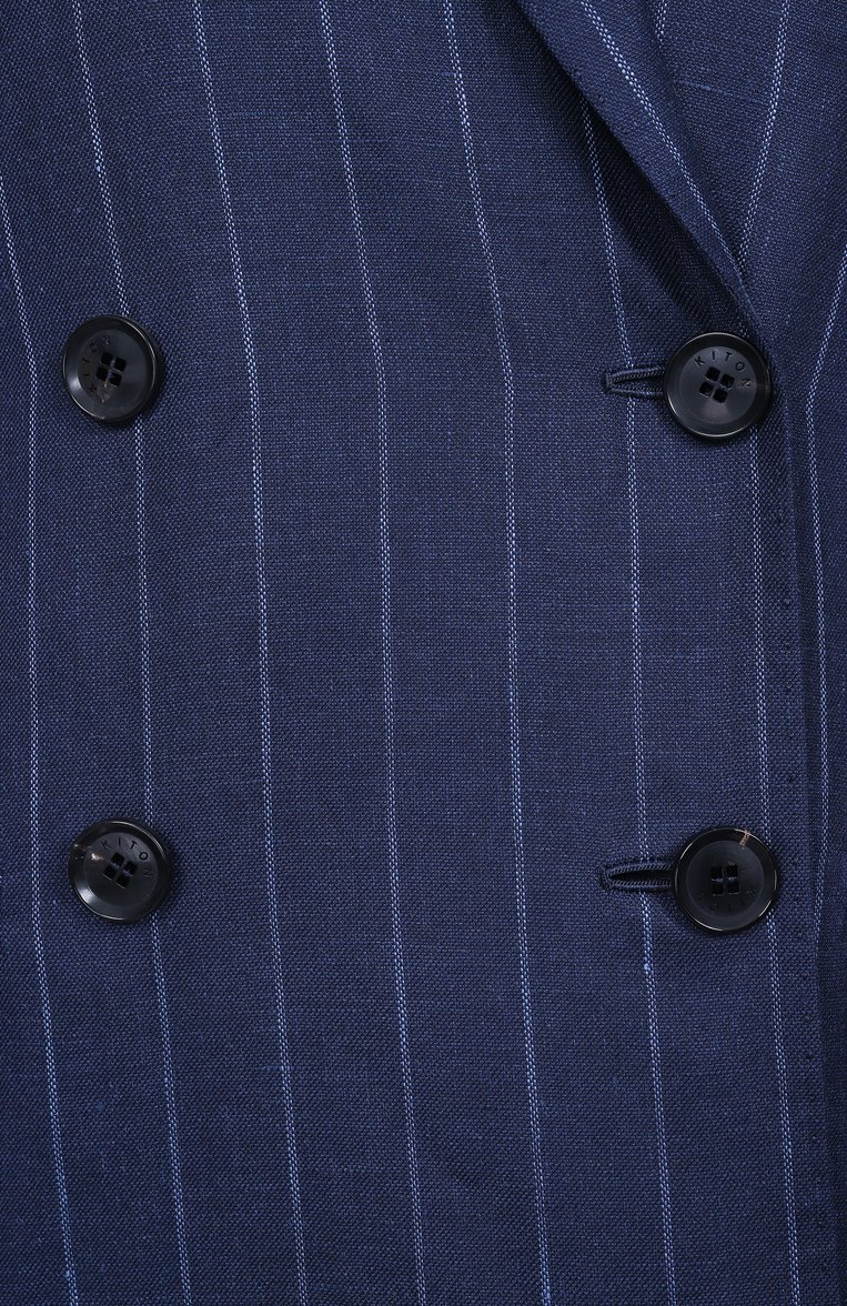 Женский жакет изо льна и шерсти KITON синего цвета, арт. D46523K0603E10 | Фото 6 (Рукава: Длинные; Материал внешний: Лен, Шерсть; Автоматизация состава: Проставлено; Длина (для топов): Стандартные; Автоматизация ТО: Проставлено; Женское Кросс-КТ: Жакет-одежда; Кросс-КТ: костюм; 1-2-бортные: Двубортные; Стили: Классический)
