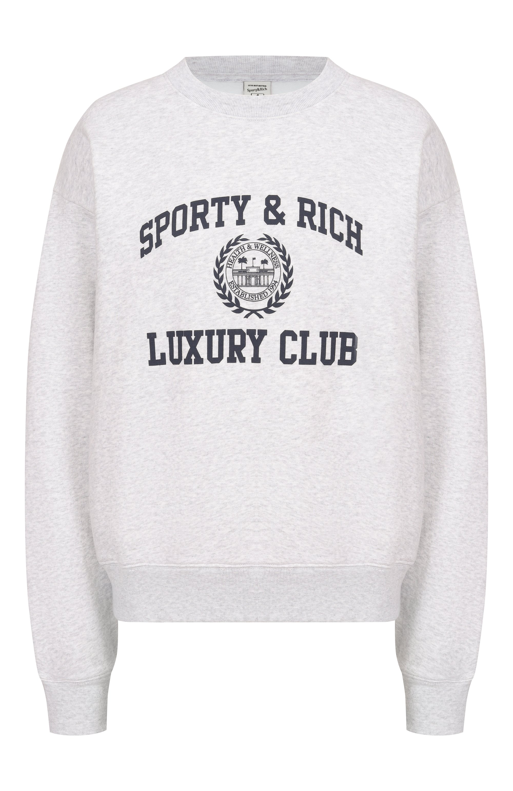 Хлопковый свитшот luxury club SPORTY AND RICH светло-серого цвета по цене 33600 руб., арт. ST0997842GY03/S&R LUXURY CLUB CREWNECK, фото 1 Хлопковый свитшот luxury club SPORTY AND RICH, арт. ST0997842GY03/S&R LUXURY CLUB CREWNECK, фото 1