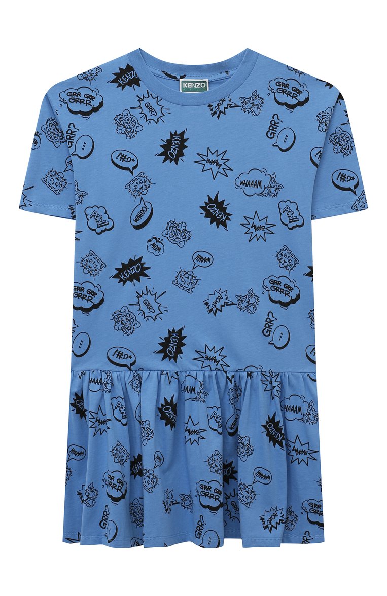 Детское хлопковое платье KENZO синего цвета, арт. K60217/6-12 | Фото 1 (Материал внешний: Хлопок; Рукава: Короткие; Случай: Повседневный; Девочки Кросс-КТ: Платье-одежда)