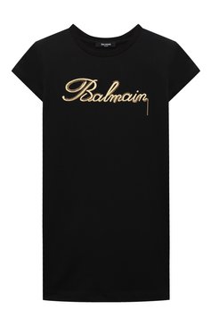 Детское хлопковое платье BALMAIN черного цвета, арт. BU1D51 | Фото 1 (Рукава: Короткие; Случай: Повседневный; Материал сплава: Проставлено; Материал внешний: Хлопок; Девочки Кросс-КТ: Платье-одежда; Драгоценные камни: Проставлено; Ростовка одежда: 8 лет | 128 см, 12 лет | 152 см, 13 - 15 лет | 158 см, 16 лет | 164 см, 10 - 11 лет | 140 - 146см)