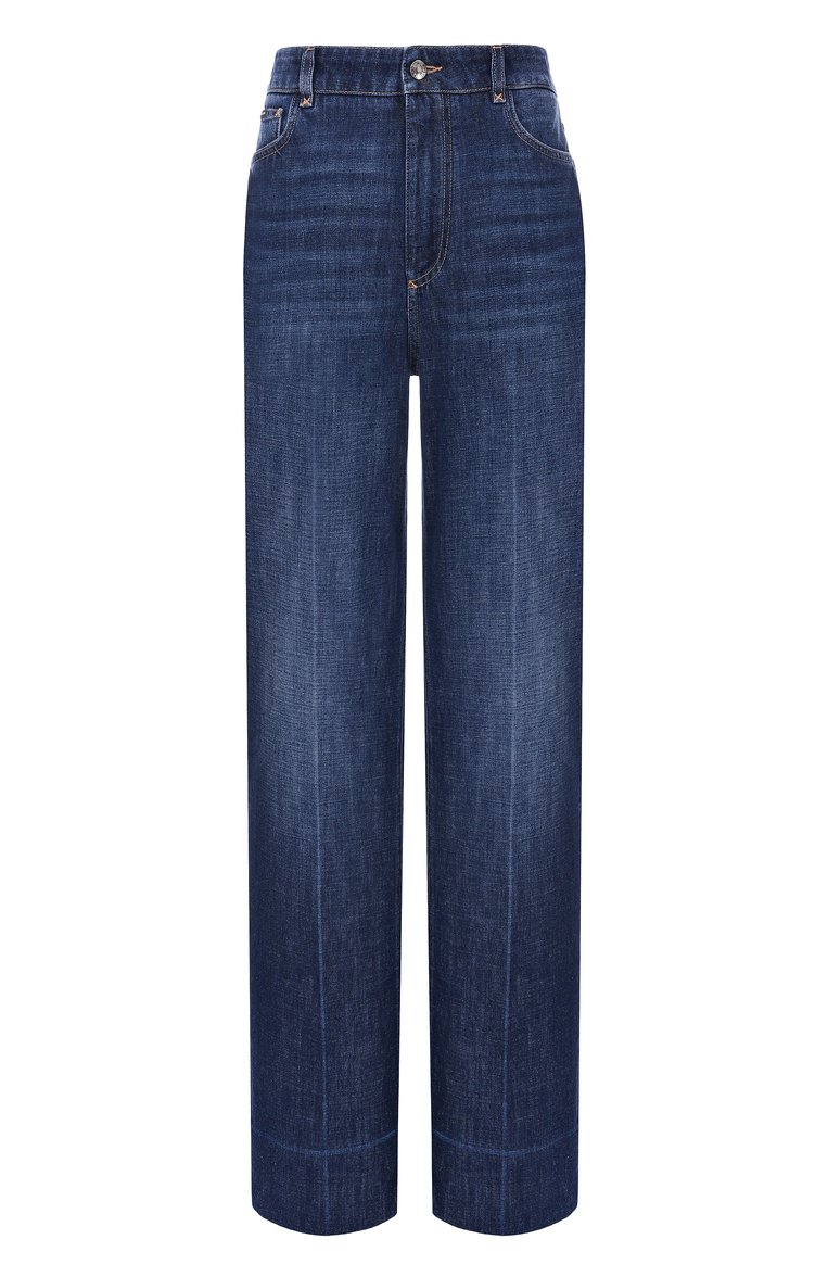 Женские джинсы DOLCE & GABBANA темно-синего цвета, арт. FTC79D/G8LY9 | Фото 1 (Автоматизация ТО: Проставлено; Материал внешний: Хлопок, Деним; Длина (брюки, джинсы): Удлиненные; Автоматизация состава: Проставлено; Стили: Кэжуэл; Силуэт Ж (брюки и джинсы): Прямые; Кросс-КТ: Деним; Детали: Делаве)