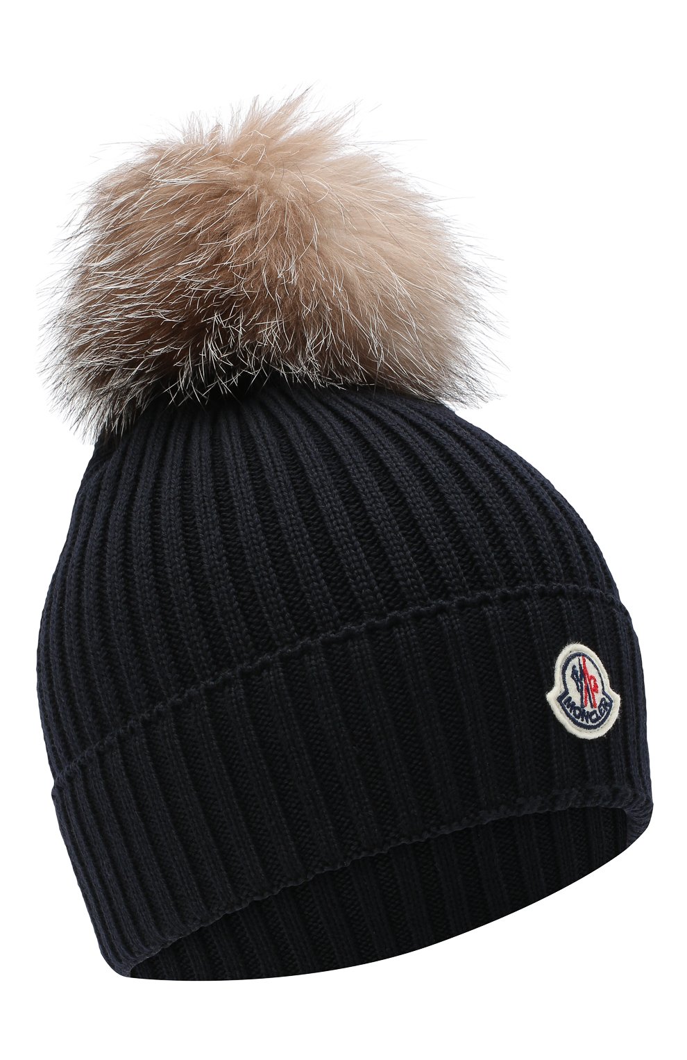 Шерстяная шапка с меховым помпоном MONCLER темно-синего цвета по цене 19950 руб., арт. F2-954-3B711-10-04S01, фото 1 Шерстяная шапка с меховым помпоном MONCLER, арт. F2-954-3B711-10-04S01, фото 1