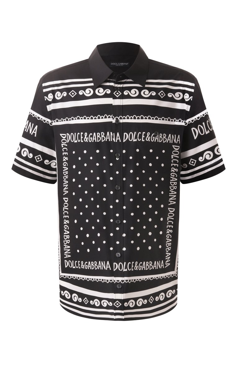 Мужская хлопковая рубашка DOLCE & GABBANA черно-белого цвета, арт. G5LG9T/FI5KQ | Фото 1 (Материал внешний: Хлопок; Рукава: Короткие; Длина (для топов): Стандартные; Принт: С принтом; Случай: Повседневный; Воротник: Кент; Стили: Гламурный; Автоматизация состава: Проставлено; Автоматизация ТО: Проставлено; Размерность: Идёт в размер; Детали: Без декора)