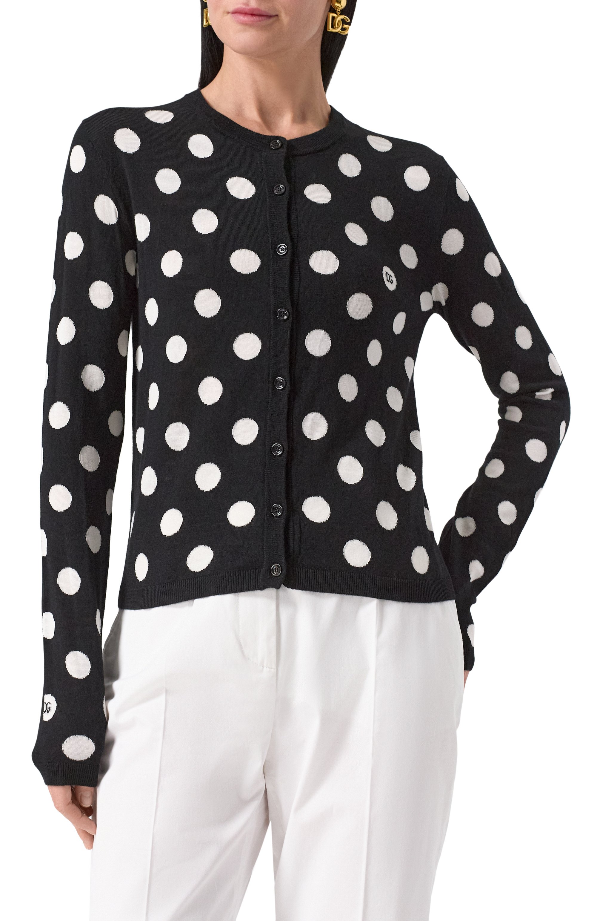 Кардиган из шерсти и шелка DOLCE & GABBANA черно-белого цвета по цене 175500 руб., арт. FXV28T/JCVYK, фото 3 Кардиган из шерсти и шелка DOLCE & GABBANA, арт. FXV28T/JCVYK, фото 3