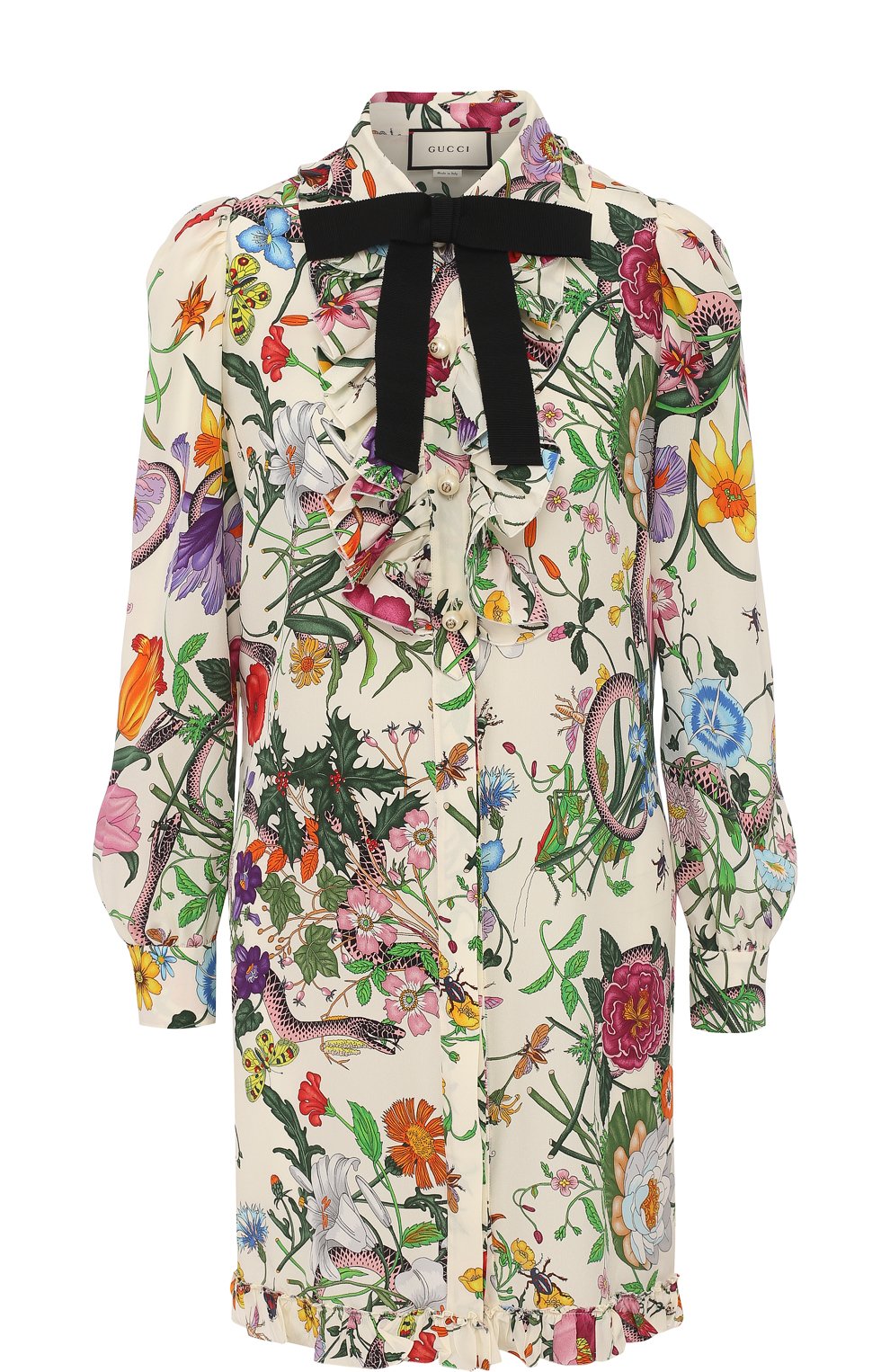 Шелковое мини-платье с принтом и контрастным бантом GUCCI, арт. 476100/ZJP71, фото 1