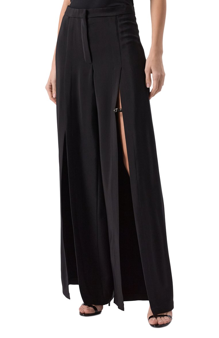 Женские брюки из вискозы и шерсти MUGLER черного цвета, арт. 25P1PA0493196 | Фото 3 (Материал внешний: Вискоза; Силуэт Ж (брюки и джинсы): Расклешенные; Стили: Гламурный; Женское Кросс-КТ: Брюки-одежда; Кросс-КТ: костюм; Длина (брюки, джинсы): Стандартные; Автоматизация ТО: Проставлено; Автоматизация состава: Проставлено)