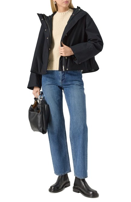 Женская хлопковая куртка JIL SANDER темно-синего цвета, арт. J40BN0164-J45039 | Фото 2 (Материал подклада: Хлопок; Рукава: Длинные; Материал сплава: Проставлено; Драгоценные камни: Проставлено; Длина (верхняя одежда): Короткие)