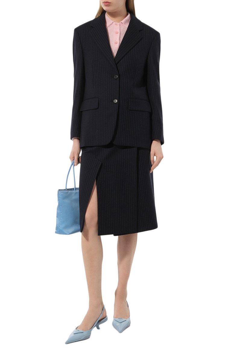 Женская шерстяная юбка PRADA синего цвета, арт. P122T-1ZJ7-F0124-212 | Фото 2 (Материал внешний: Шерсть; Длина Ж (юбки, платья, шорты): Миди; Стили: Классический)