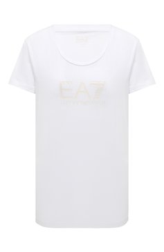 Женская хлопковая футболка EA 7 белого цвета, арт. 8NTT66/TJFKZ | Фото 1 (Рукава: Короткие; Длина (для топов): Стандартные; Принт: С принтом; Материал сплава: Проставлено; Материал внешний: Хлопок; Стили: Спорт-шик; Женское Кросс-КТ: Футболка-одежда; Драгоценные камни: Проставлено)
