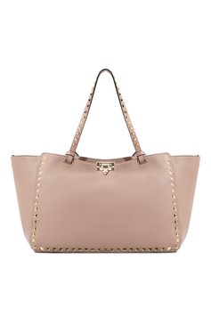 Женская сумка-тоут rockstud VALENTINO светло-бежевого цвета, арт. 3W2B0970/VSF/P45 | Фото 1 (Драгоценные камни: Проставлено; Ремень/цепочка: На ремешке; Материал: Натуральная кожа; Размер: large; Материал сплава: Проставлено)