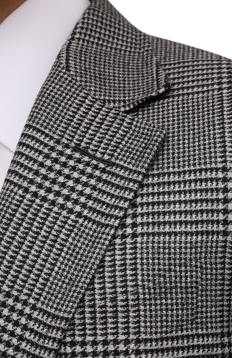 Мужской шерстяной пиджак TOM FORD серого цвета, арт. 322R85/10SP40 | Фото 5 (Рукава: Длинные; Длина (для топов): Стандартные; Материал подклада: Шелк, Купро; Материал внешний: Шерсть; Случай: Формальный; Пиджаки М: Приталенный; 1-2-бортные: Однобортные; Стили: Классический; Региональные ограничения белый список (Axapta Mercury): RU; Драгоценные камни: Проставлено; Материал сплава: Проставлено; Нос: Не проставлено)